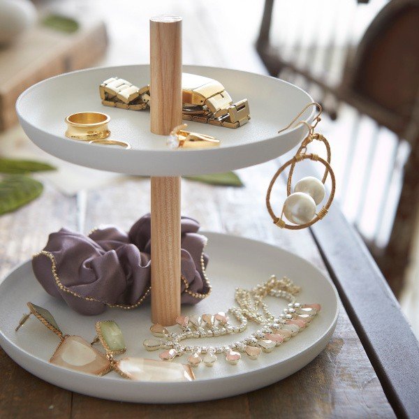 Belo stojalo z 2 posodama za shranjevanje in detajli iz bukovega lesa YAMAZAKI Tosca-image-1