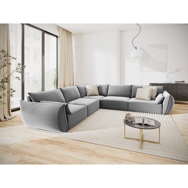 Svetlo siva žametna kotna sedežna garnitura Vanda – Mazzini Sofas-image-1