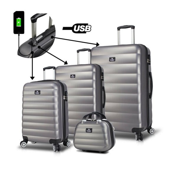 Komplet 3 sivih potovalnih kovčkov na koleščkih z USB-vtičnicami in prenosnim kovčkom My Valice RESSO Travel Set