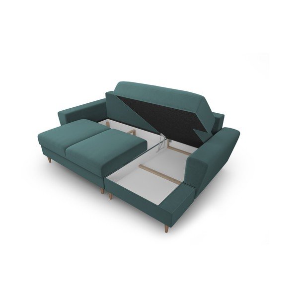 Modrozelena žametna raztegljiva kotna sedežna garnitura s prostorom za shranjevanje (desni kot/z ležalnikom) Kyoto – Cosmopolitan Design-image-3
