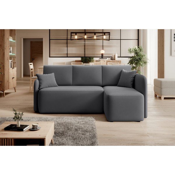 Sivorjava žametna raztegljiva/s prostorom za shranjevanje kotna sedežna garnitura (desni kot/z ležalnikom) Hadson – ELTAP-image-1