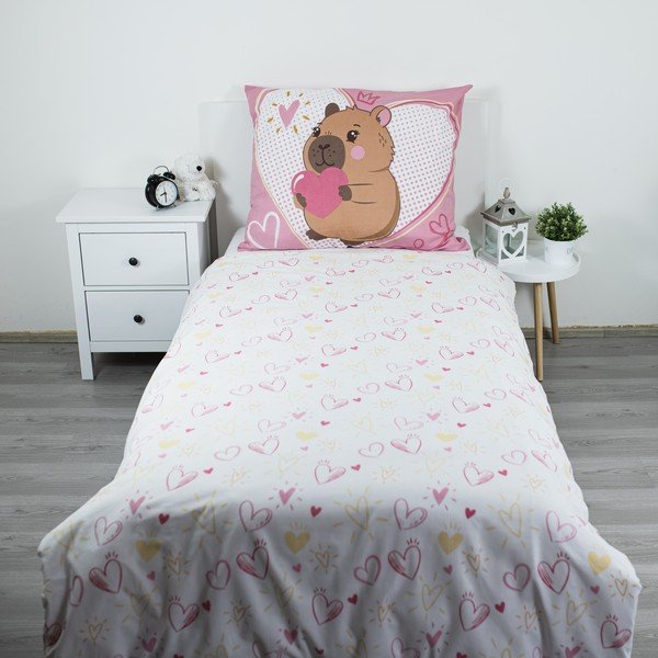 Rožnata enojna bombažna otroška posteljnina 140x200 cm Kapybara Heart – Jerry Fabrics-image-2