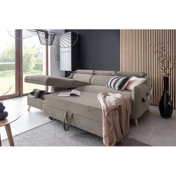 Svetlo rjava žametna raztegljiva kotna sedežna garnitura (levi kot) Sweet Harmony – Miuform-image-4