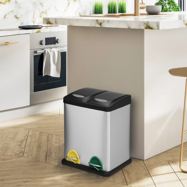 Jeklen koš za smeti za ločevanje odpadkov v mat srebrni barvi s pedalom 2x8 l Tri Selectif – MSV-image-1