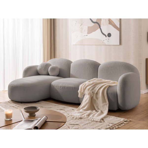 Siva kotna sedežna garnitura iz tkanine bouclé (levi kot/z ležalnikom) Orbit – Ropez-image-4