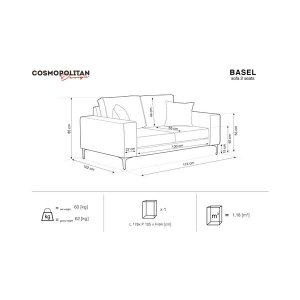 Cosmopolitan Design Basel praškasto roza kavč, 174 cm-image-1