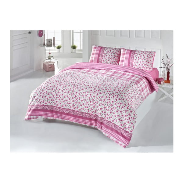 Roza posteljnina za zakonsko posteljo z rjuho Pelin, 200 x 220 cm