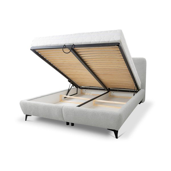 Svetlo siva oblazinjena zakonska postelja s prostorom za shranjevanje in letvenim dnom 160x200 cm Makapu – Makamii-image-1