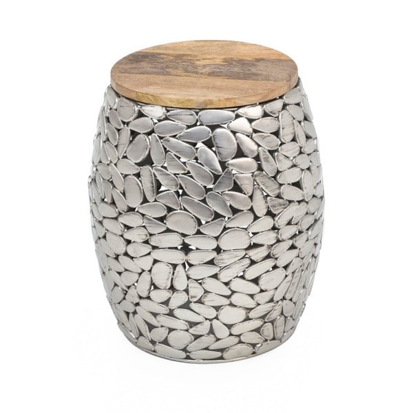 Stranska mizica v srebrni barvi z lesenim vrhom WOOX LIVING Pebble, ⌀ 40 cm