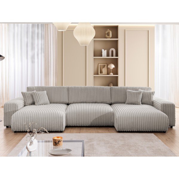 Svetlo siva raztegljiva kotna sedežna garnitura iz rebrastega žameta s prostorom za shranjevanje (v obliki črke "U") Sarina – Ropez-image-1