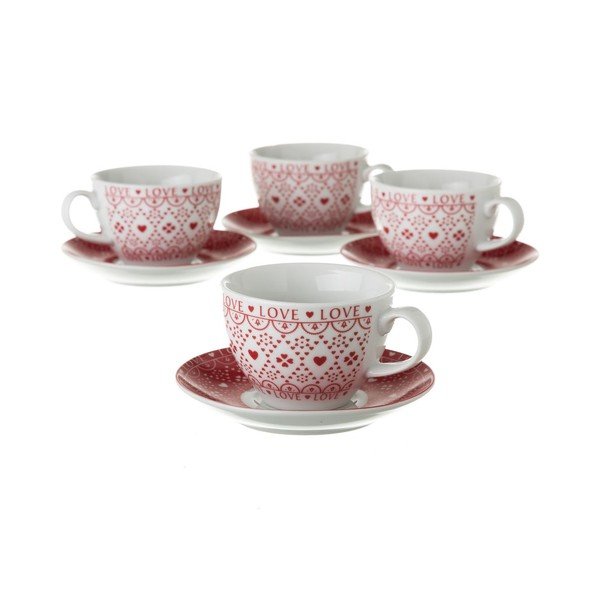 Rdeče-beli komplet 4 porcelanskih skodelic za čaj s stojalom Unimasa-image-1