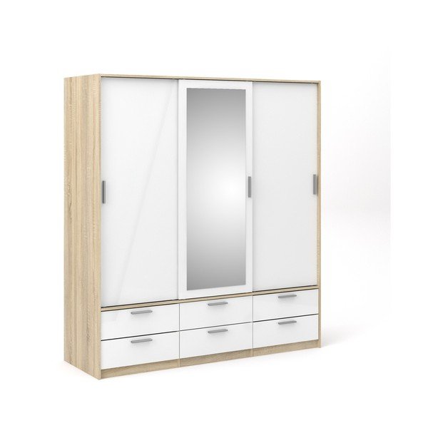 Bela/naravna garderobna omara v hrastovem dekorju z drsnimi vrati 181x200 cm Line – Tvilum-image-2