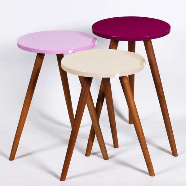 Komplet 3 okroglih stranskih mizic Kate Louise (krem, roza, temno vijolična)