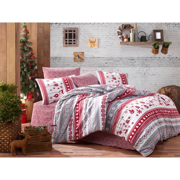 Posteljnina z rjuho za zakonsko posteljo iz ranforce bombaža Nazenin Home Snow Grey, 200 x 220 cm