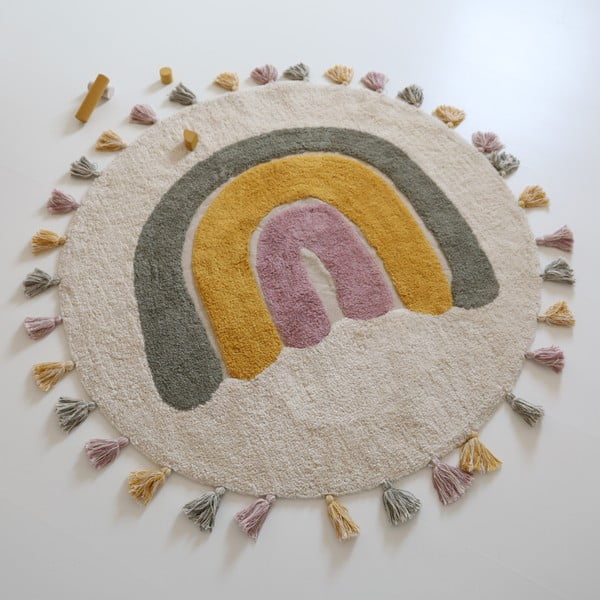 Kremno bela pralna ročno tkana bombažna otroška preproga ø110 cm Rainbow Moss – Nattiot-image-2