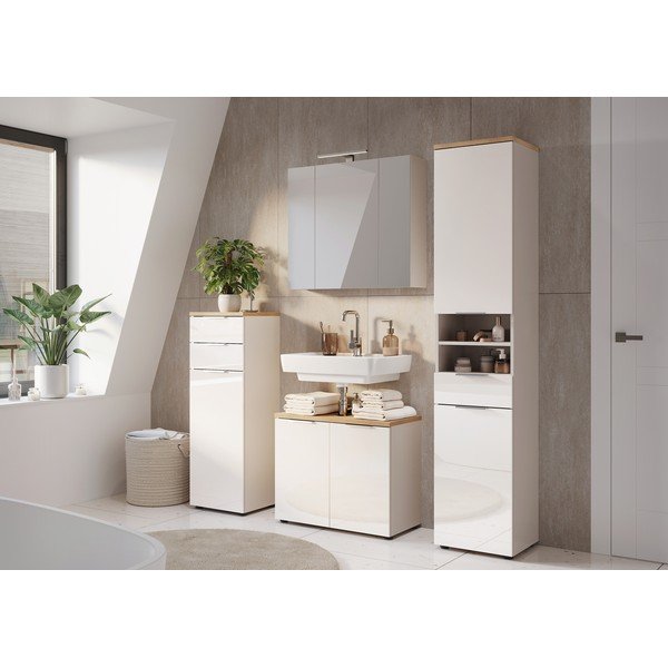 Kremno bela visoka/ozka kopalniška omarica v sijajnem dekorju 39x112 cm Tavira – Germania-image-1