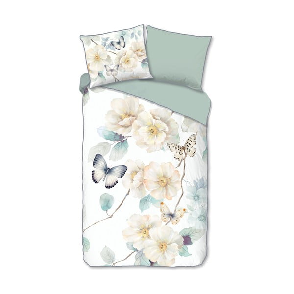 Bela/zelena enojna podaljšana posteljnina iz bombažnega satena 140x220 cm Adiwanya – Descanso