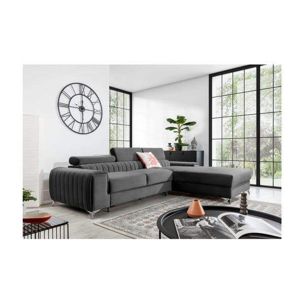 Temno siva žametna raztegljiva/s prostorom za shranjevanje kotna sedežna garnitura (desni kot/z ležalnikom) Grayson – ELTAP-image-1