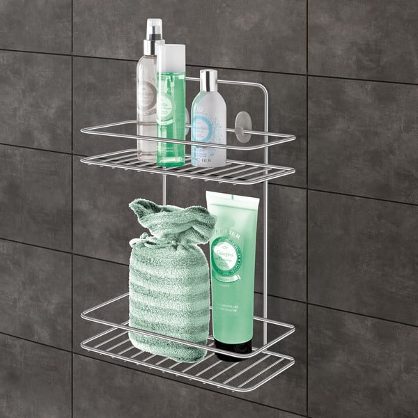 Jeklena viseča kopalniška polica v sijajno srebrni barvi z namestitvijo brez vrtanja Luxy – Metaltex-image-1