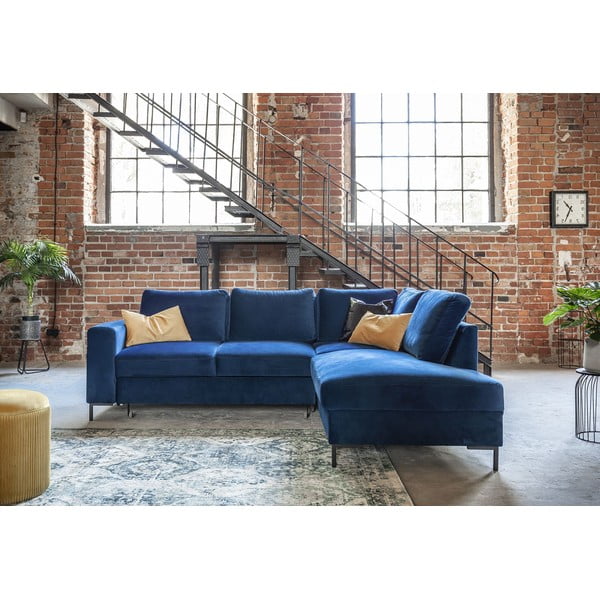 Temno modra žametna raztegljiva kotna sedežna garnitura (desni kot) Lofty Lilly – Miuform-image-4