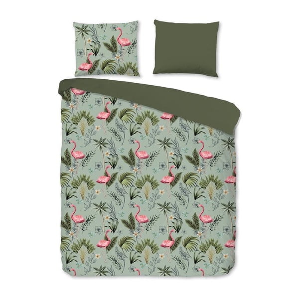 Zelena bombažna posteljnina za zakonsko posteljo Good Morning, Flamingo, 200 x 220 cm