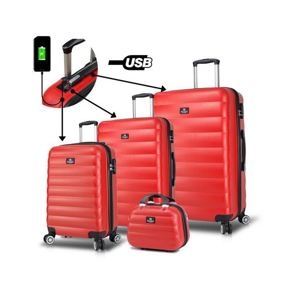 Komplet 3 rdečih potovalnih kovčkov na kolesih s priključki USB in kovčkom za ročno prtljago My Valice RESSO Travel Set-image-1