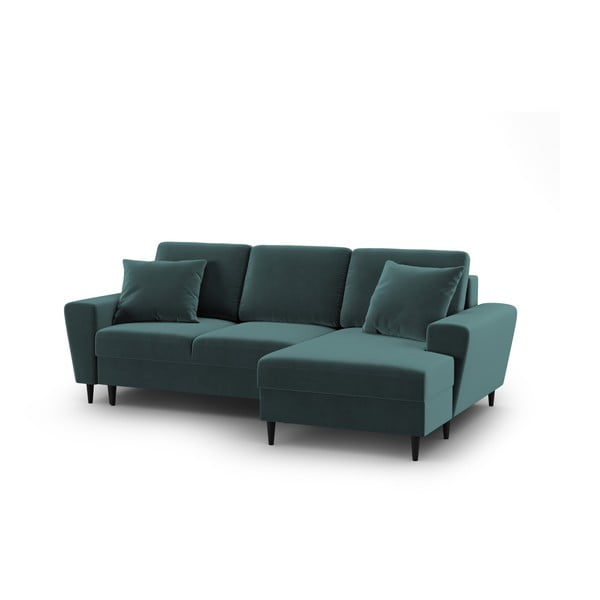 Modrozelena žametna raztegljiva kotna sedežna garnitura s prostorom za shranjevanje (desni kot/z ležalnikom) Kyoto – Cosmopolitan Design-image-1