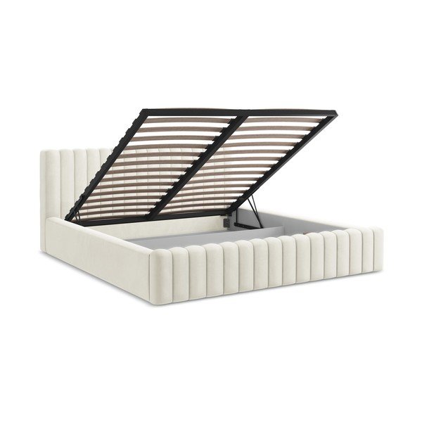 Kremno bela oblazinjena zakonska postelja s prostorom za shranjevanje z letvenim dnom 160x200 cm Lemi – Makamii-image-3