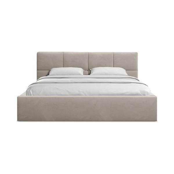 Sivorjava žametna oblazinjena zakonska postelja s prostorom za shranjevanje z letvenim dnom 140x200 cm Hiko – Makamii-image-3