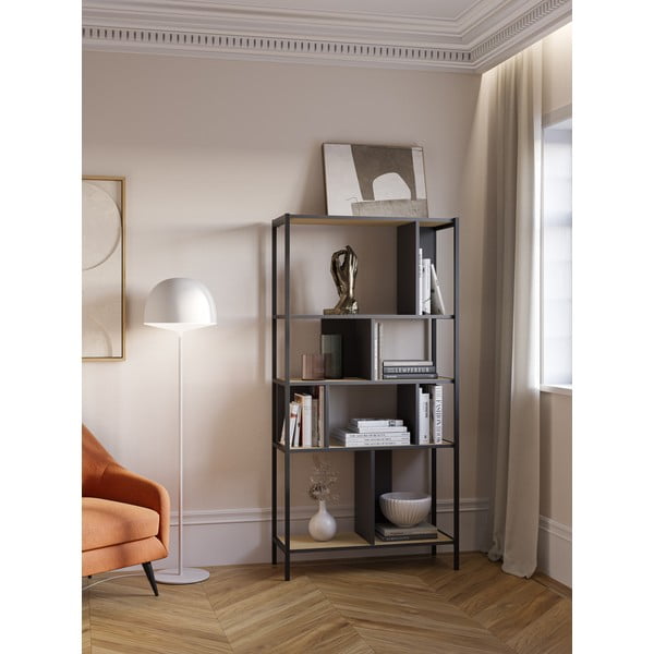 Črn/naraven regal v hrastovem dekorju 88x175 cm Alabama – Marckeric-image-1