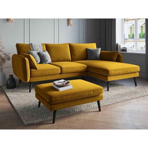 Rumena žametna kotna sedežna garnitura s črnimi nogami Kooko Home Lento, desni kot-image-1