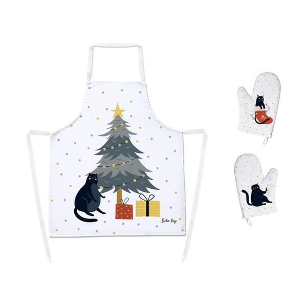 Komplet bombažnega predpasnika in 2 kuhinjskih rokavic z božičnim motivom - Butter Kings