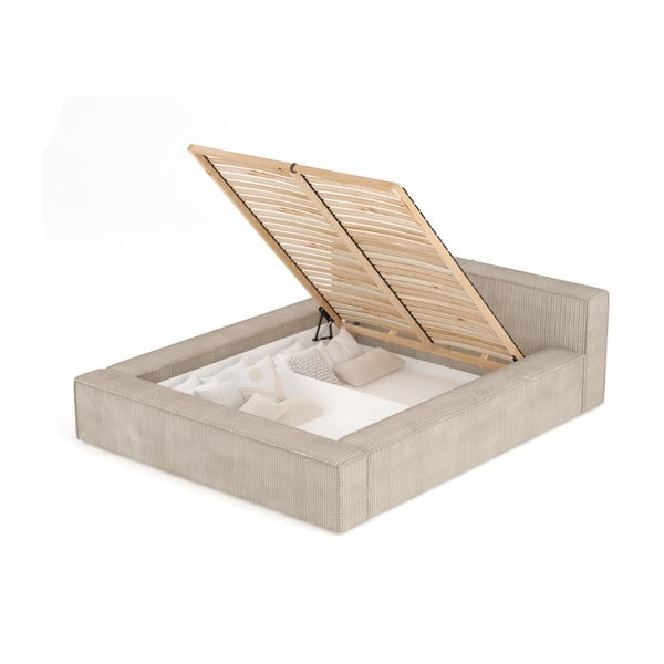 Bež oblazinjena zakonska postelja s prostorom za shranjevanje z letvenim dnom 180x200 cm Voliera – Maison de Rêve-image-3