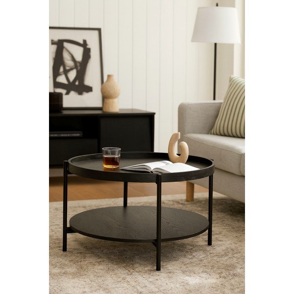 Črna okrogla klubska mizica v hrastovem dekorju ø 64 cm Hagen – Bonami Essentials-image-3