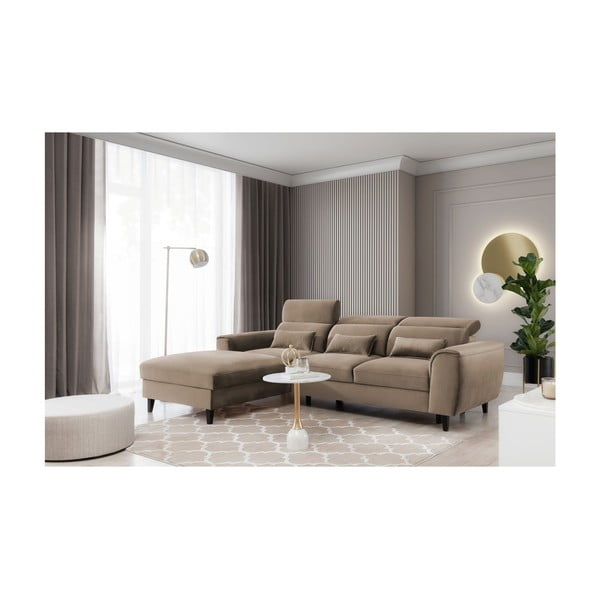 Svetlo rjava žametna raztegljiva/s prostorom za shranjevanje kotna sedežna garnitura (levi kot/z ležalnikom) Foble – ELTAP-image-3