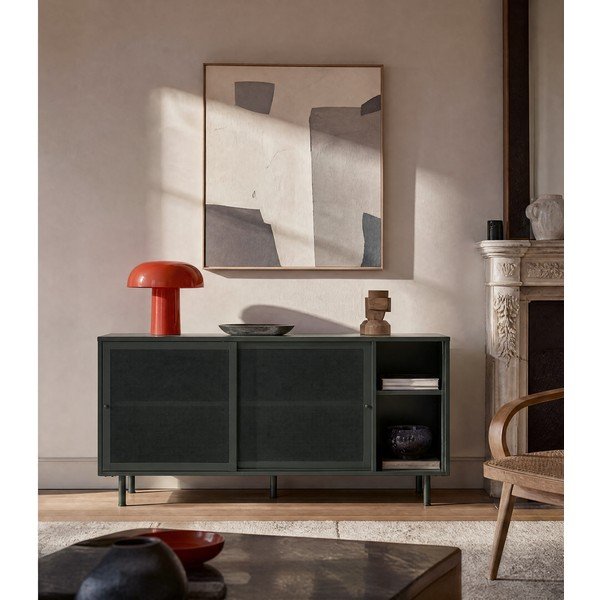 Temno zelena kovinska nizka komoda z drsnimi vrati 160x75 cm Veep – Unique Furniture-image-3