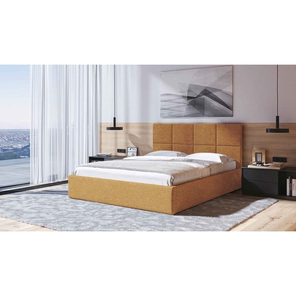 Oker rumena oblazinjena zakonska postelja s prostorom za shranjevanje z letvenim dnom 180x200 cm Bufo – MESONICA-image-1