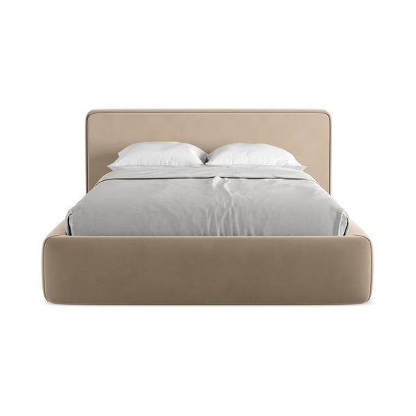 Svetlo rjava oblazinjena zakonska postelja s prostorom za shranjevanje z letvenim dnom 160x200 cm Kiana – Makamii-image-4