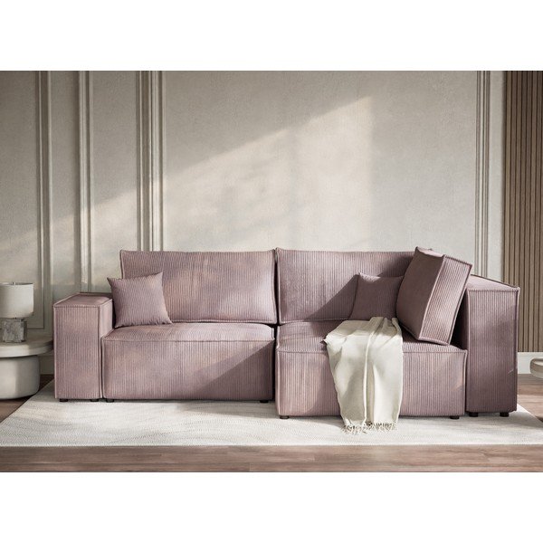 Vijolična raztegljiva/s prostorom za shranjevanje kotna sedežna garnitura iz rebrastega žameta (desni kot/v obliki črke L) Tonga – Maison de Rêve-image-1