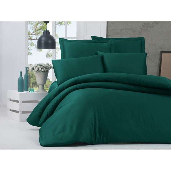 Temno zelena podaljšana posteljnina iz bombažnega satena za zakonsko posteljo z rjuho in pregrinjalom 240x260 cm Alisa - Mijolnir