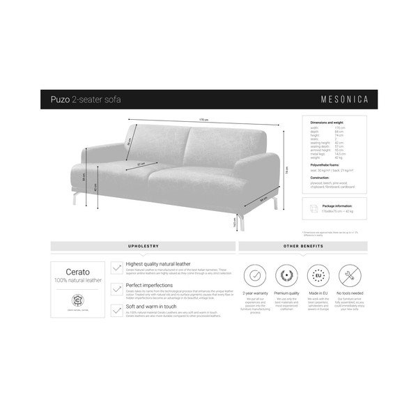 Konjak rjava usnjena zofa MESONICA Puzo, 170 cm-image-4