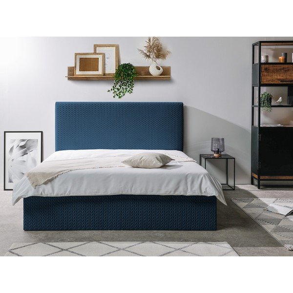 Temno modra oblazinjena zakonska postelja s prostorom za shranjevanje in letvenim dnom 160x200 cm Adele - Bobochic Paris-image-2