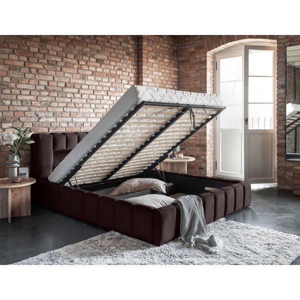 Temno rjava oblazinjena zakonska postelja s prostorom za shranjevanje in z letvenim dnom 140x200 cm Lamica – ELTAP-image-3