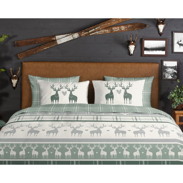 Zelena in kremno bela flanelna posteljnina za zakonsko posteljo/podaljšana 200x220 cm Bjirk – Good Morning-image-2