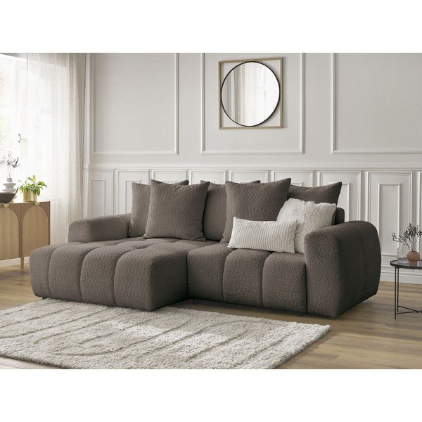 Rjava raztegljiva kotna sedežna garnitura iz tkanine bouclé s prostorom za shranjevanje (levi kot/z ležalnikom) Roxelane – Bobochic Paris-image-4