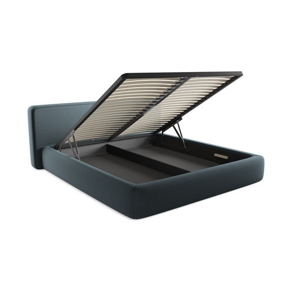 Modra oblazinjena zakonska postelja s prostorom za shranjevanje z letvenim dnom 180x200 cm Kiana – Makamii-image-3