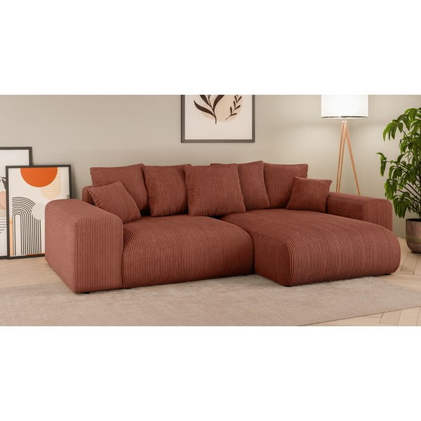 Opečnato oranžna raztegljiva kotna sedežna garnitura iz rebrastega žameta s prostorom za shranjevanje (s kotom po izbiri) Luma – Ropez-image-1