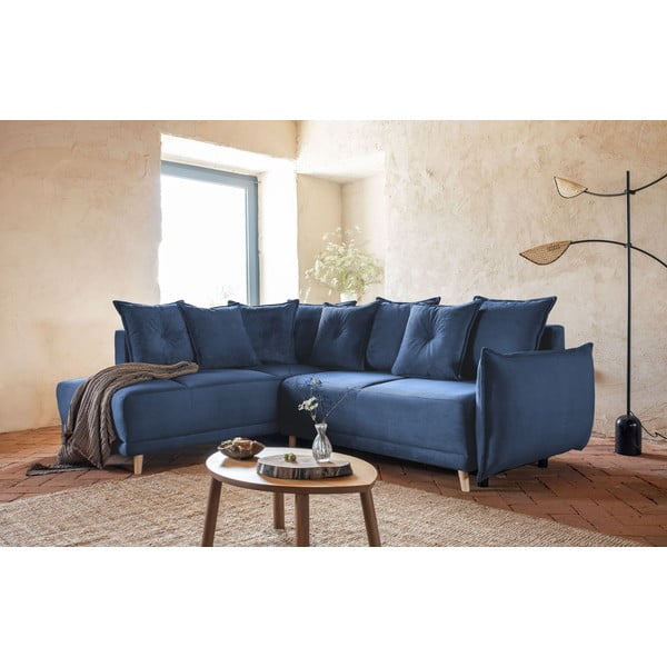 Temno modra raztegljiva kotna sedežna garnitura iz rebrastega žameta (levi kot) Lazy Lukka – Miuform-image-1