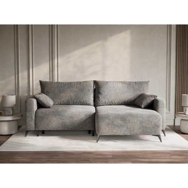 Siva raztegljiva/s prostorom za shranjevanje kotna sedežna garnitura iz šenilje (desni kot/z ležalnikom) Leon – Maison de Rêve-image-1