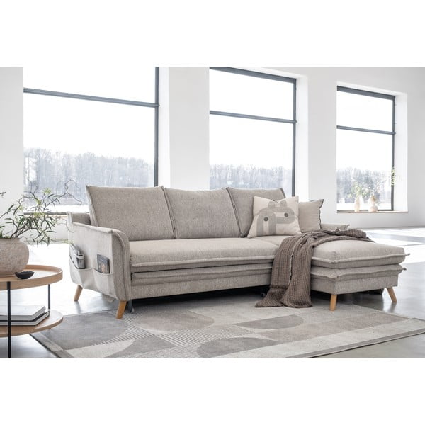 Sivo-bež raztegljiva/s prostorom za shranjevanje kotna sedežna garnitura (desni kot/z ležalnikom) Charming Charlie – Miuform-image-3